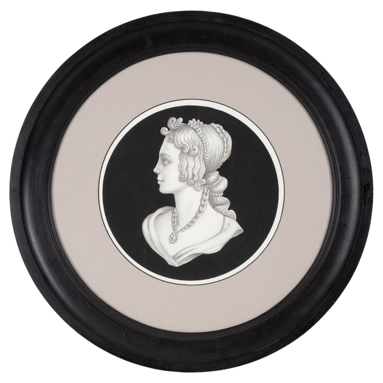 Italian Contemporary Print of Neoclassical Profile with Round Black Wooden Frame