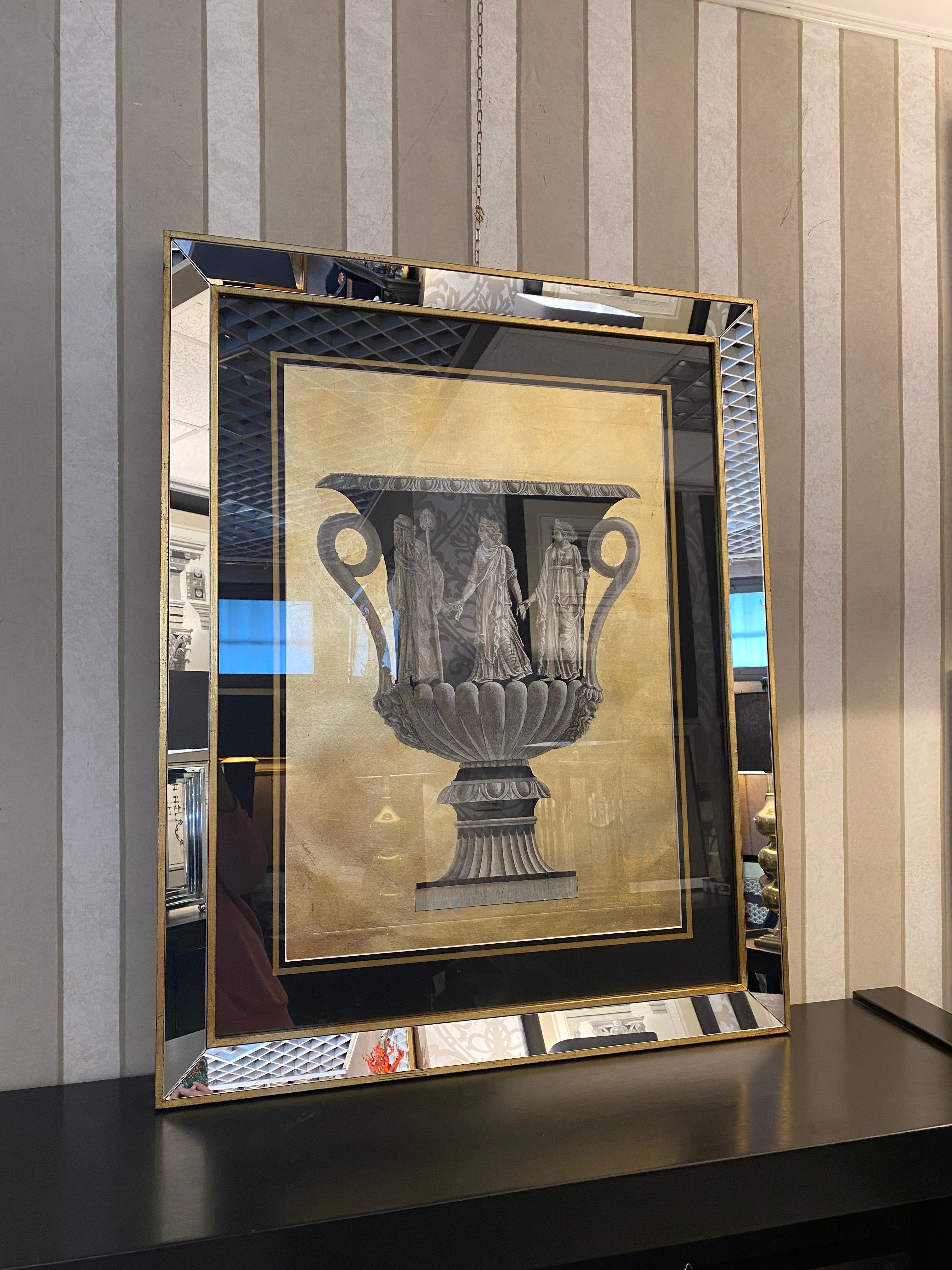 Vaso Romano Italiano Contemporaneo Nero Oro Grande Stampa con Cornice Wood a Specchio 1 di 2 in vendita 1