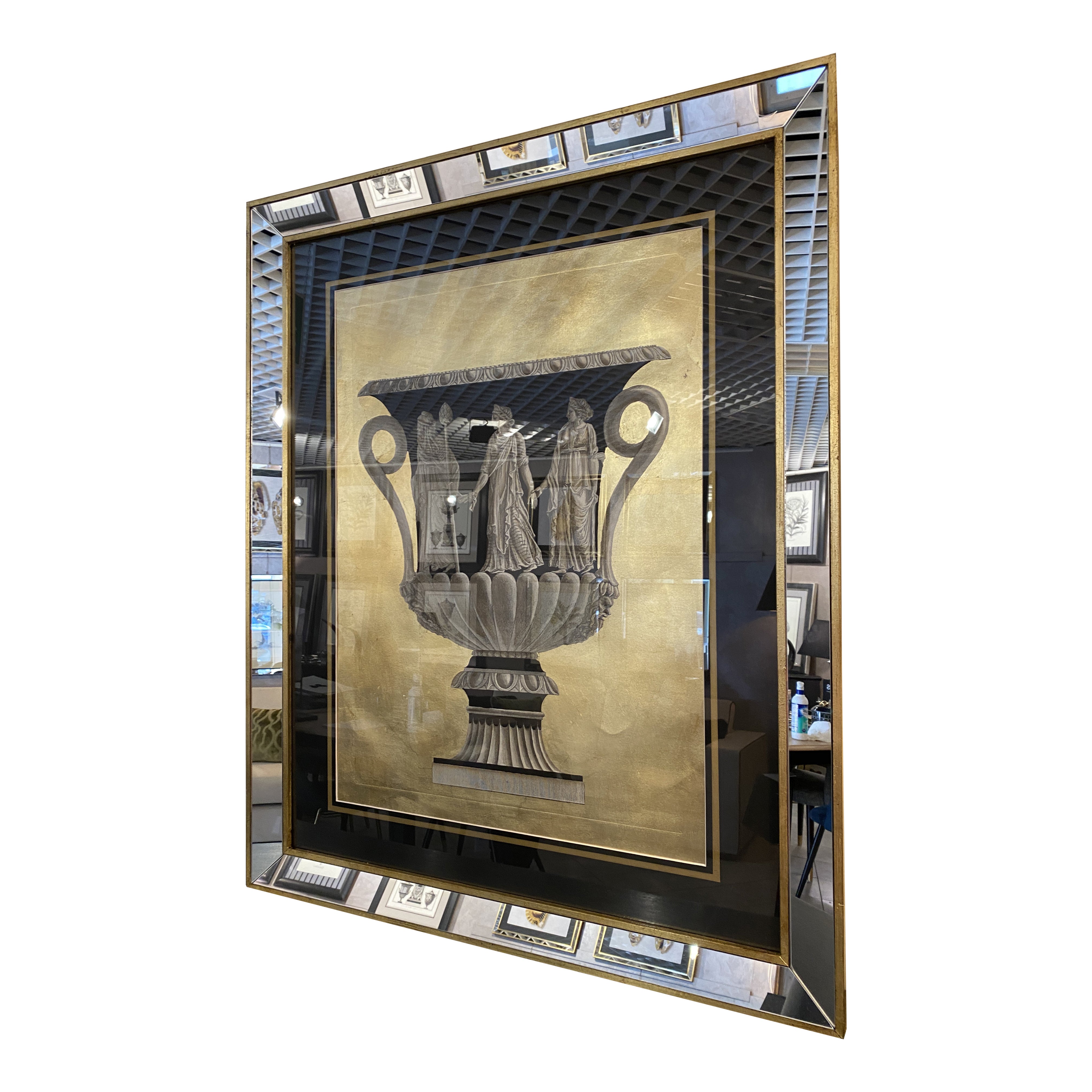 Italienische Zeitgenössische Römische Vase Schwarz Gold Großer Druck mit Spiegel Wood Frame 1 von 2