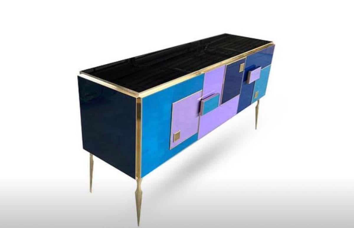 Italian Contemporary Sand and Brown Colou Murano Glass, Brass and Wood Sideboard For Sale 1