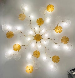 Italian Modern Satin White Gold Art Murano Glass Flower Sconce/Flush Mount Light