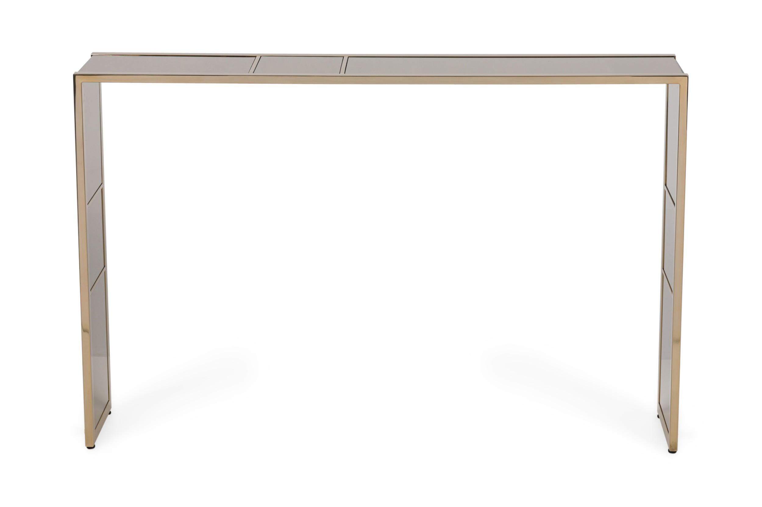 Italian Contemporary burnished stainless steel console table with smoked mirror panels (matching smaller consoles: NWL6019; benches: NWL6018)