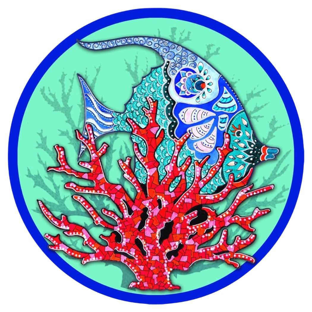 Italian Contemporary Underplates "Fish and Coral" Acqua Blue Colors, Set of 4