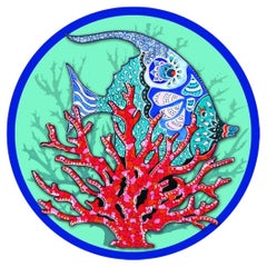 Italienische Contemporary Unterteller "Fisch und Koralle" Acqua Blau Farben, Satz von 4