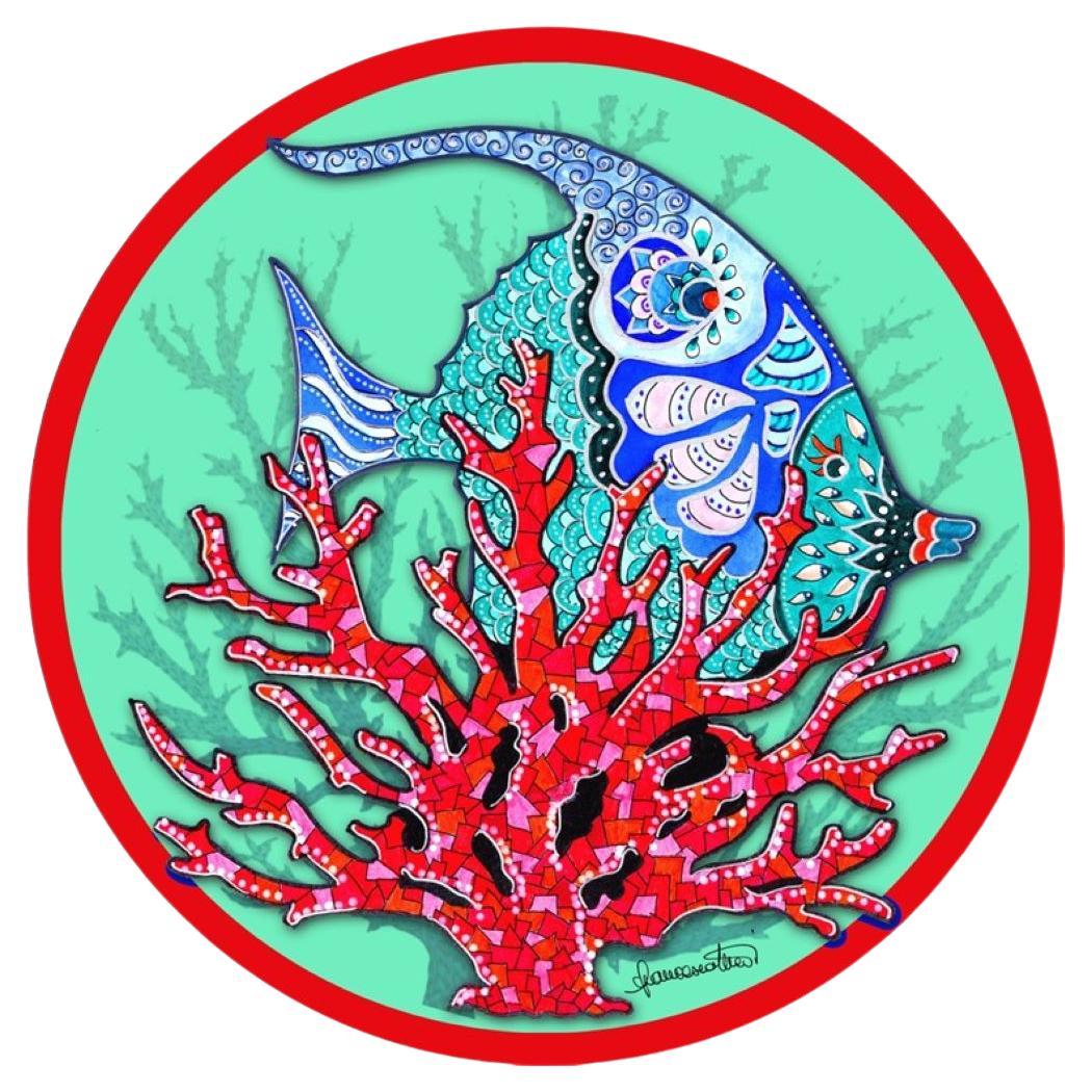 Italian Contemporary Underplates "Fish and Coral" Acqua Red Colors, Set of 4 For Sale