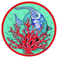 Sottopiatti italiani contemporanei "Pesce e Corallo" nei colori del rosso acqua, set di 4