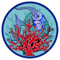 Sous-assiettes contemporaines italiennes "Poisson et corail" Couleurs bleu ciel, lot de 4