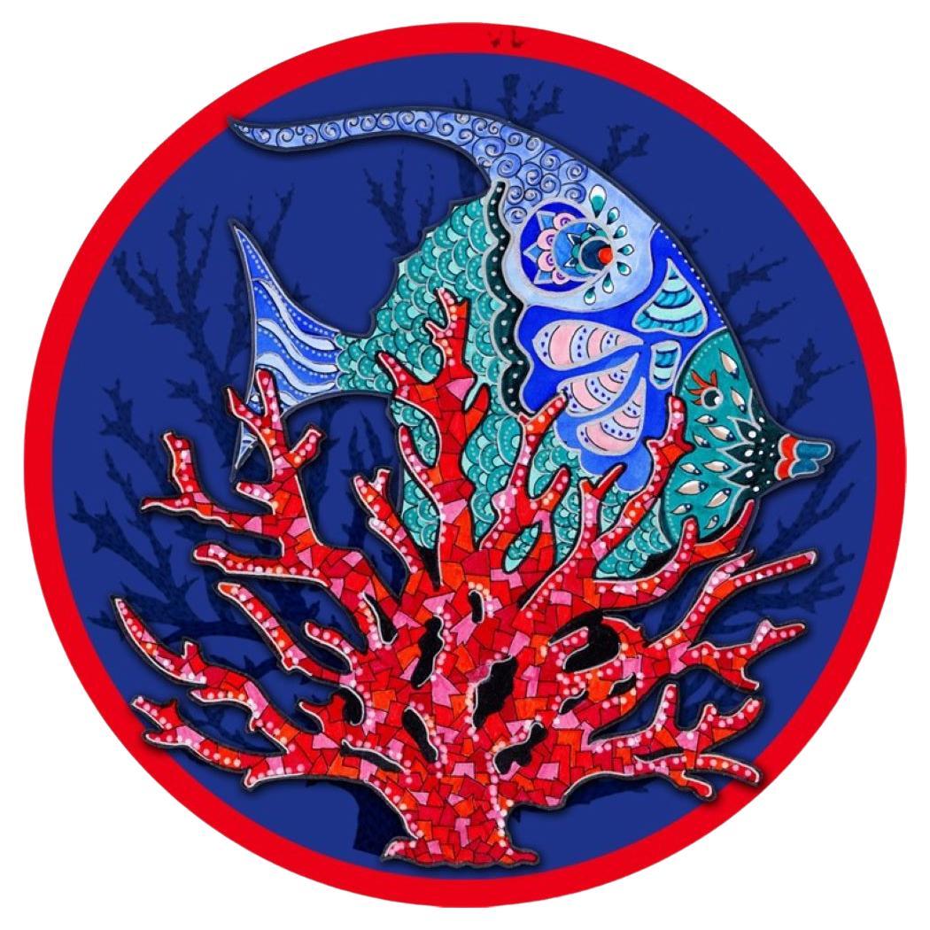 Italian Contemporary Underplates "Fish and Coral" Navy Blue Colors, Set of 4 For Sale