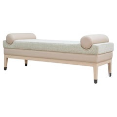Antique Italian Contemporary Upholstered Bench in Quinoa Fabric and Beige Leather