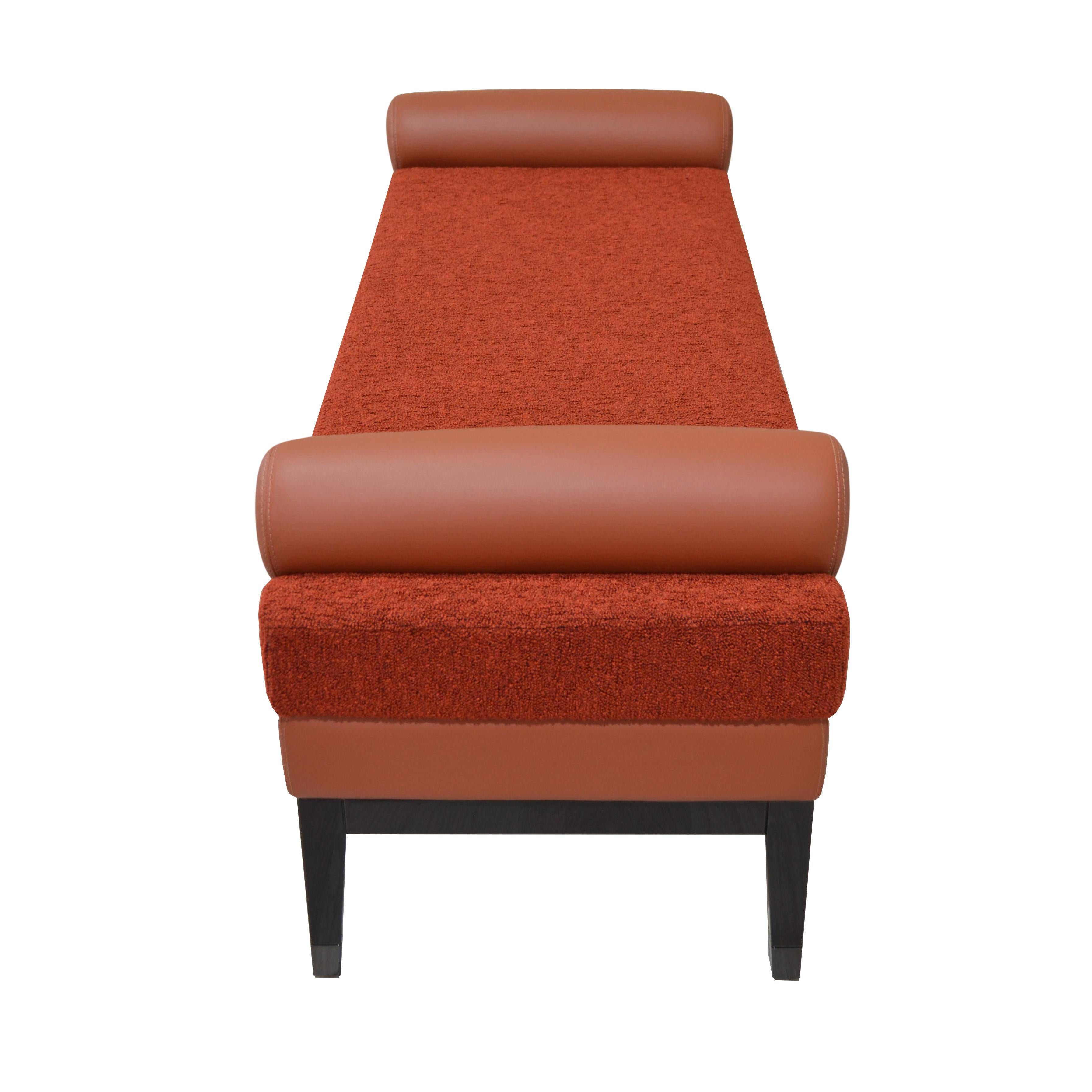 Art Deco Italian Contemporary Upholstered Bench in Terracotta Fabric and Red Leather For Sale