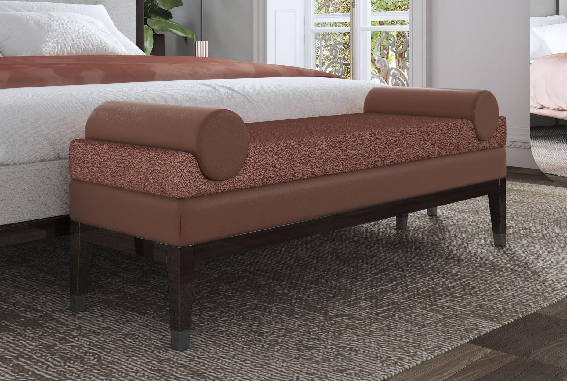Italian Contemporary Upholstered Bench in Terracotta Fabric and Red Leather For Sale 2