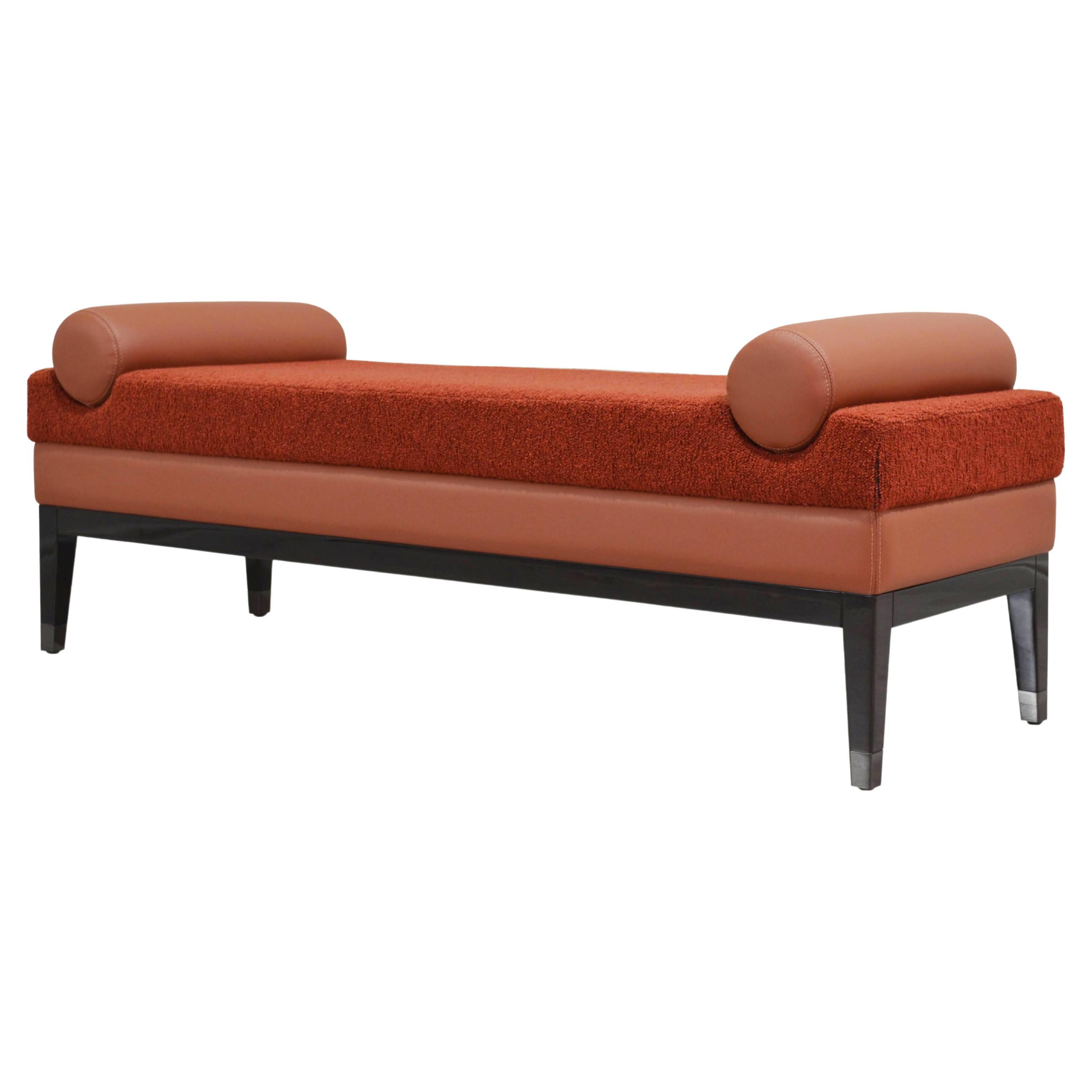 Italian Contemporary Upholstered Bench in Terracotta Fabric and Red Leather