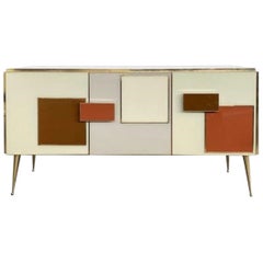 Italian Contemporary Warm White Colour Murano Glass, Brass and Wood Sideboard