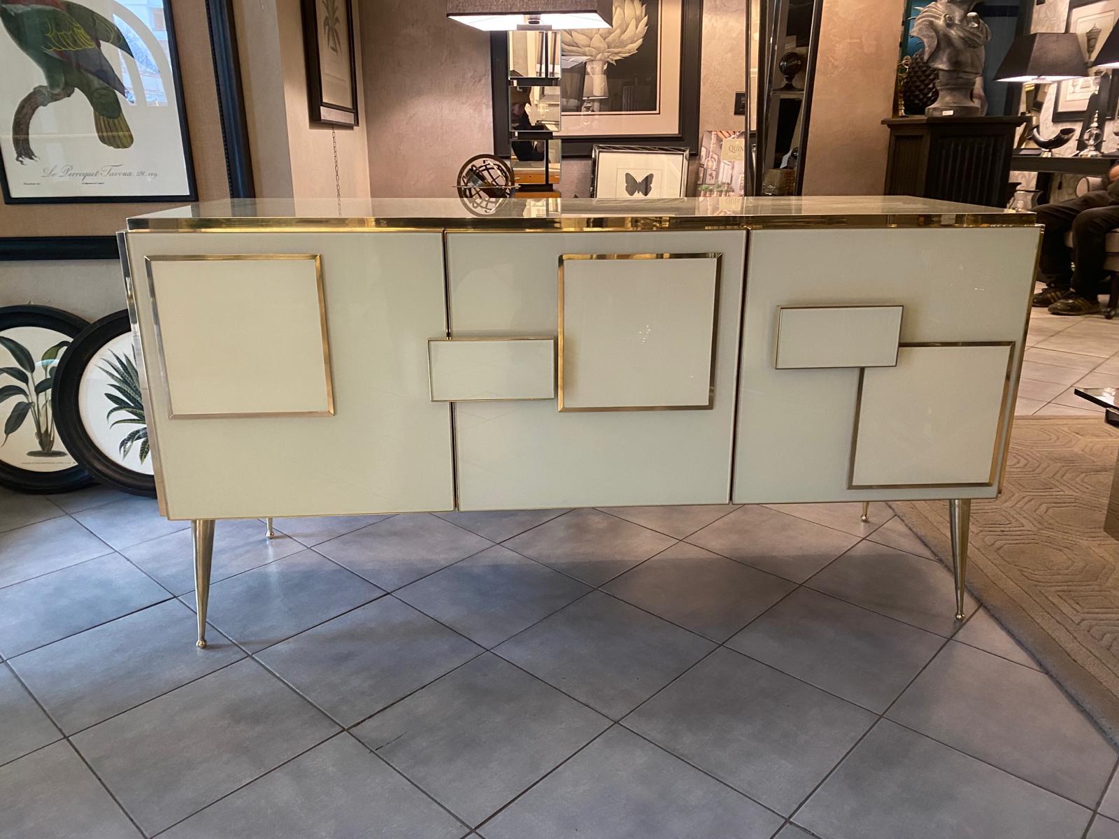 Hand-Crafted Italian Contemporary Warm White Colour Murano Glass, Brass and Wood Sideboard For Sale