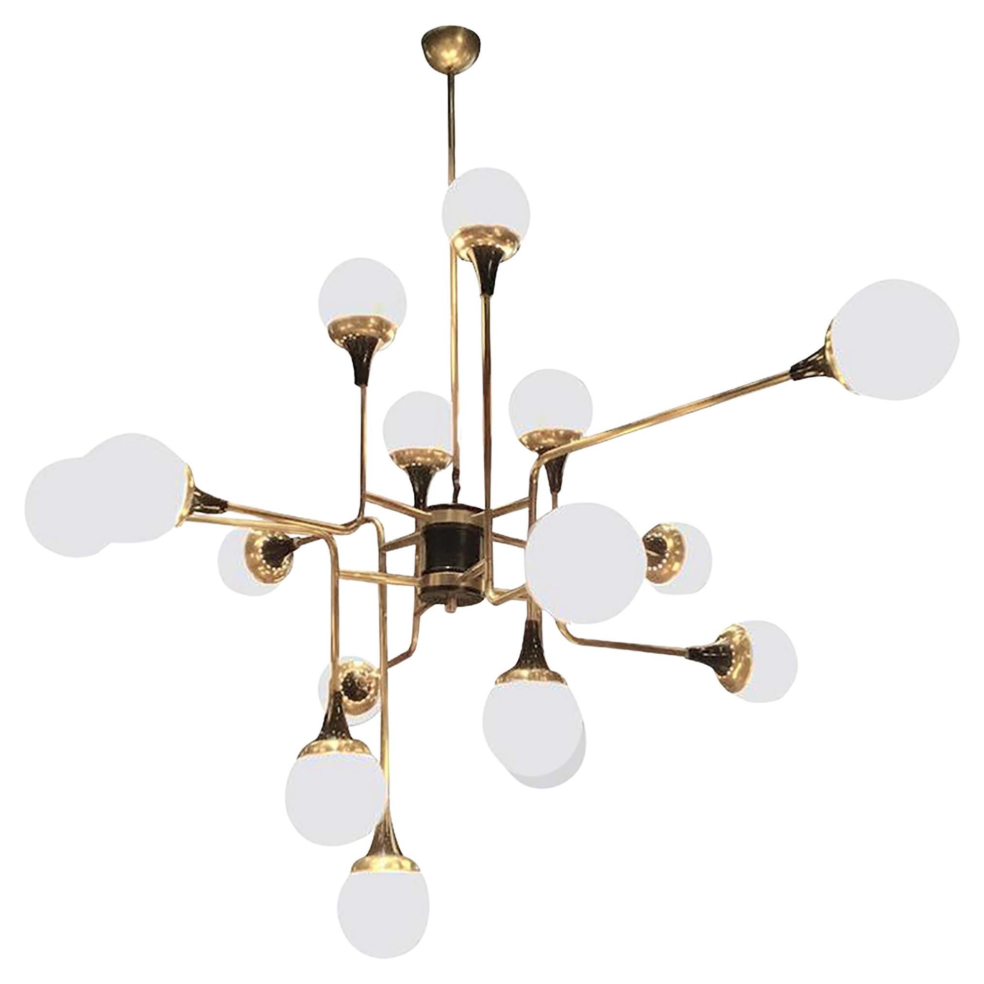 Italian Contemporary White Black & Brass 16-Light Modern Asymmetric Chandelier