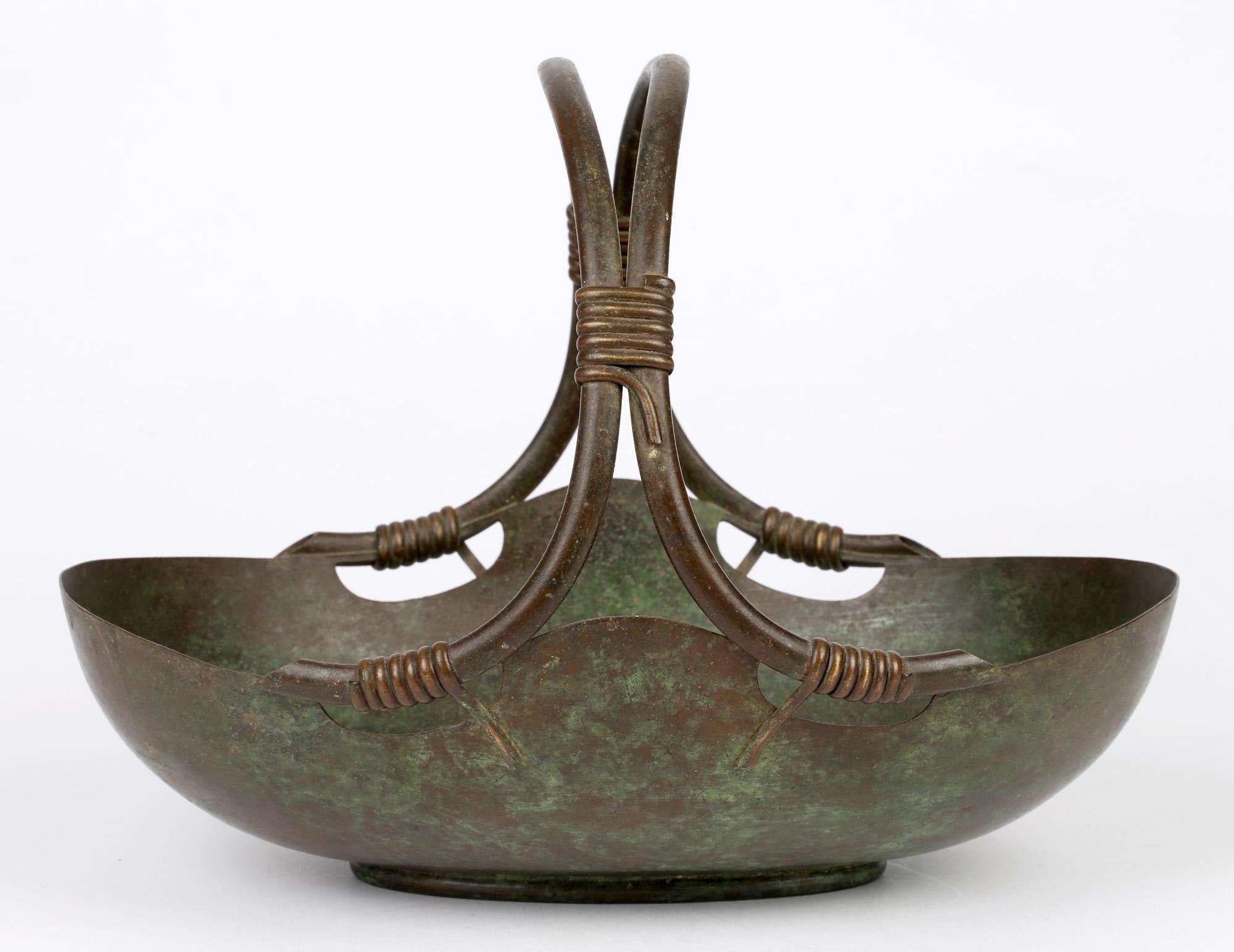 Italian Continental Art Deco Bronze Handled Basket Shaped Fruit Bowl 8