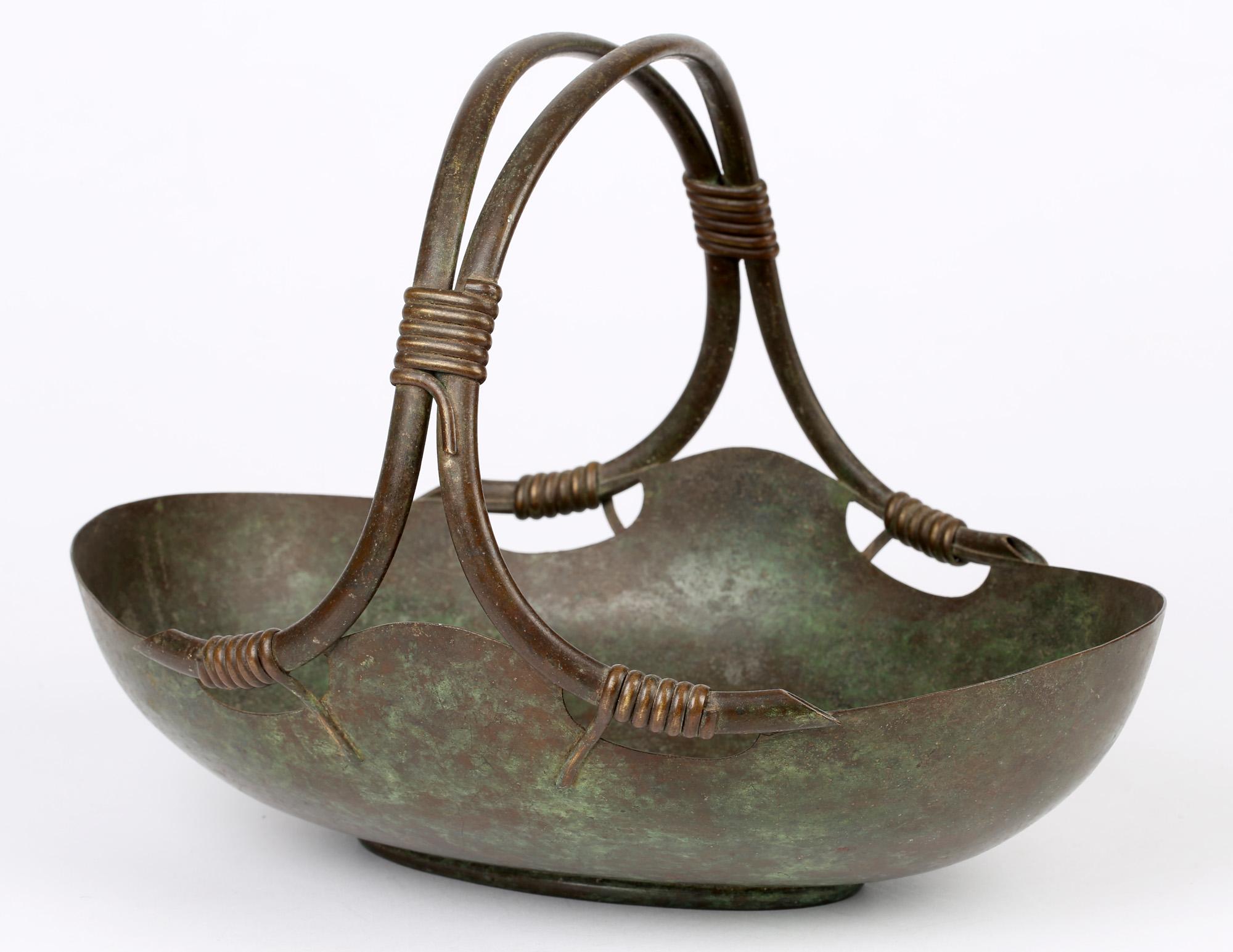 Italian Continental Art Deco Bronze Handled Basket Shaped Fruit Bowl 11