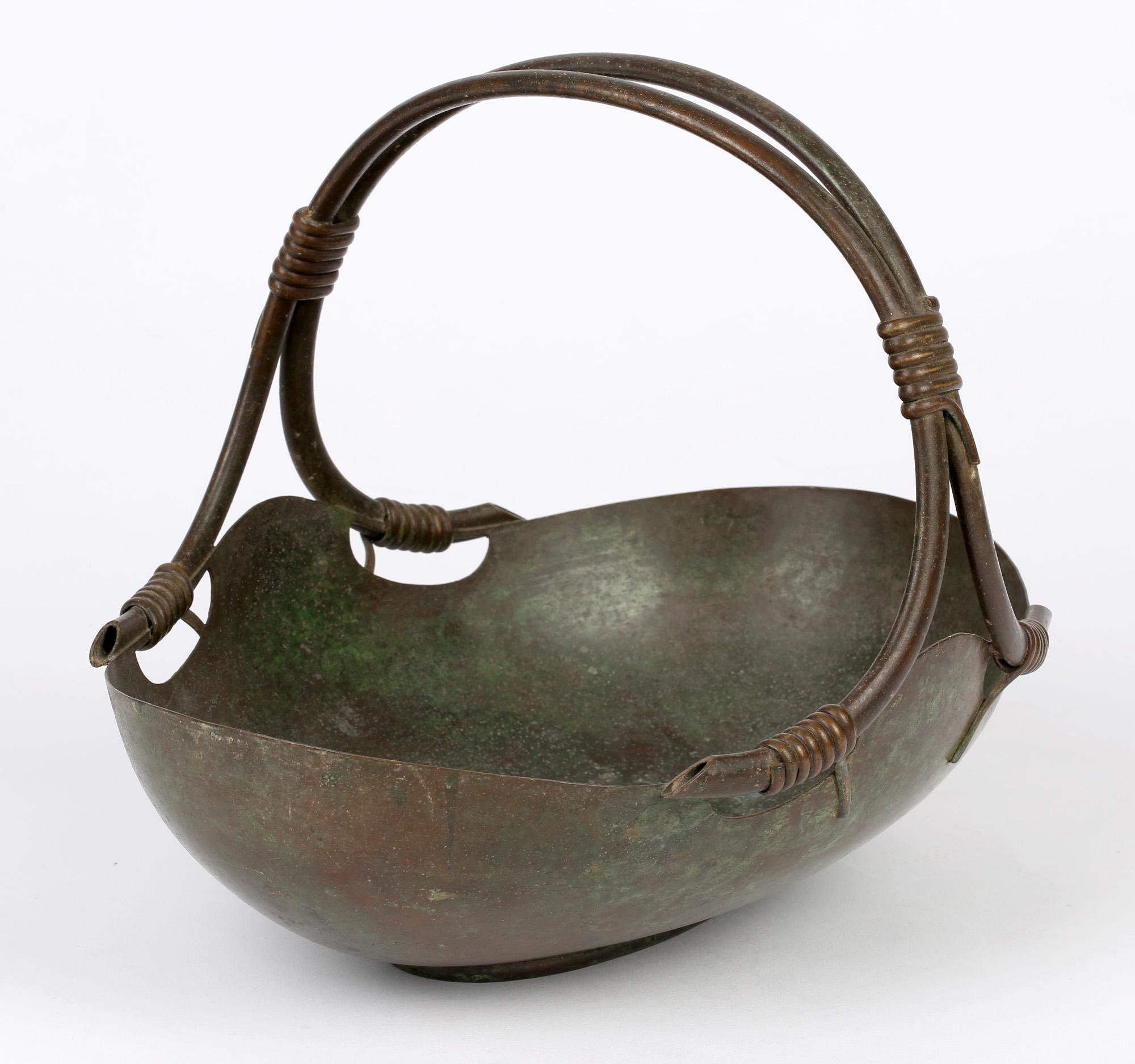 Italian Continental Art Deco Bronze Handled Basket Shaped Fruit Bowl In Good Condition In Bishop's Stortford, Hertfordshire
