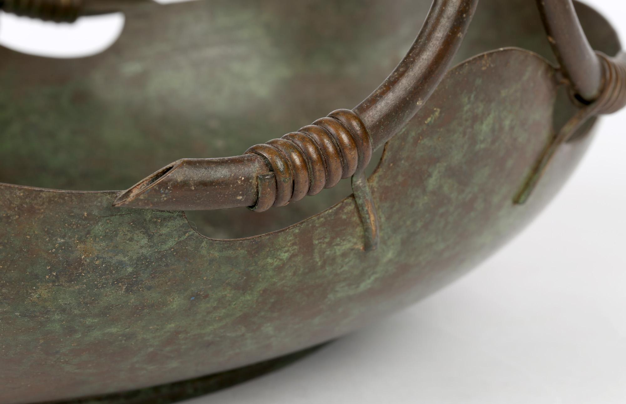 20th Century Italian Continental Art Deco Bronze Handled Basket Shaped Fruit Bowl