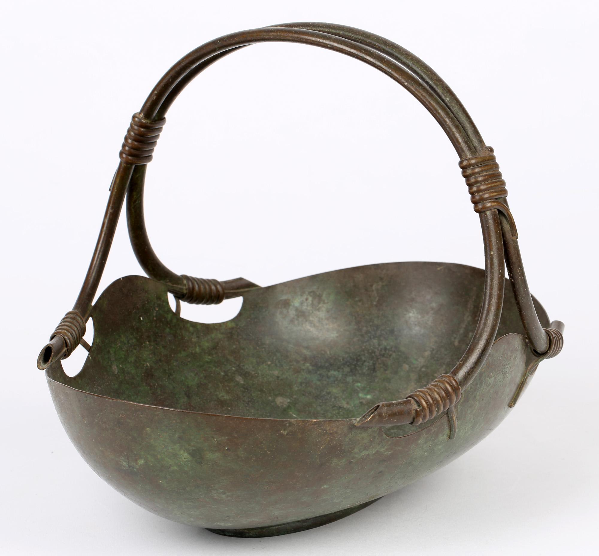 Italian Continental Art Deco Bronze Handled Basket Shaped Fruit Bowl 4