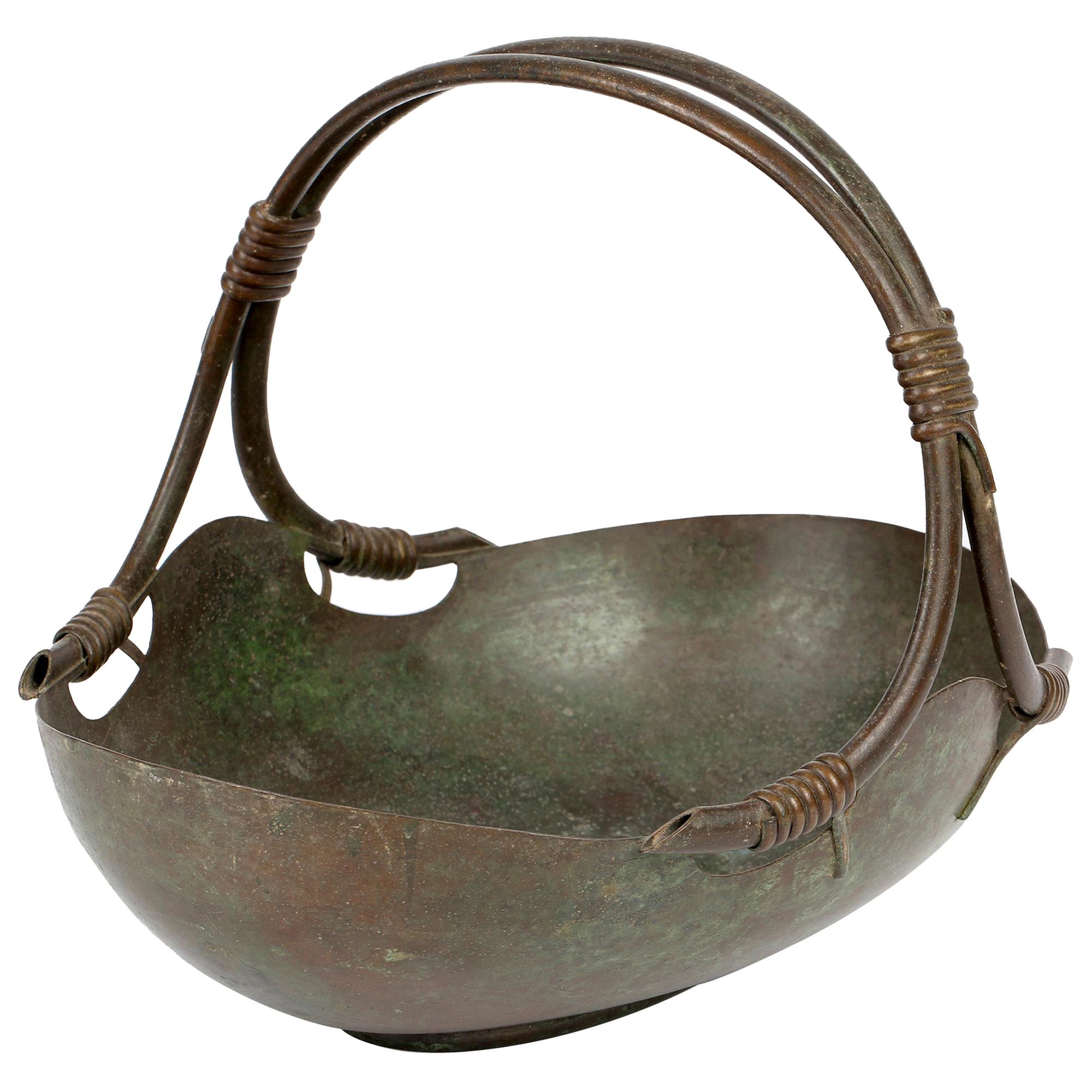 Italian Continental Art Deco Bronze Handled Basket Shaped Fruit Bowl