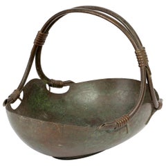 Vintage Italian Continental Art Deco Bronze Handled Basket Shaped Fruit Bowl