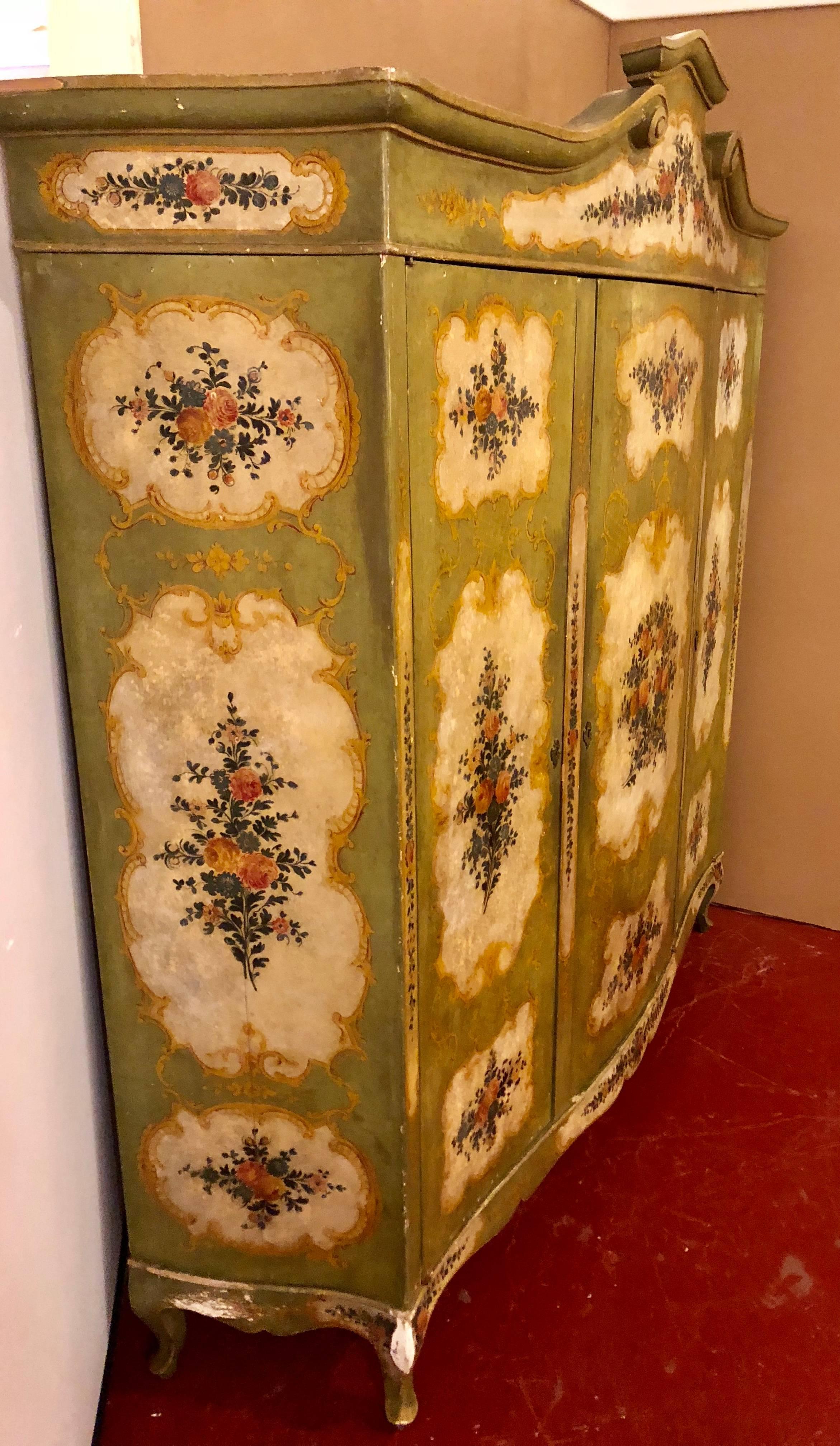 Italian Continental Floral Painted Wardrobe or Armoire Chest Cabinet 11