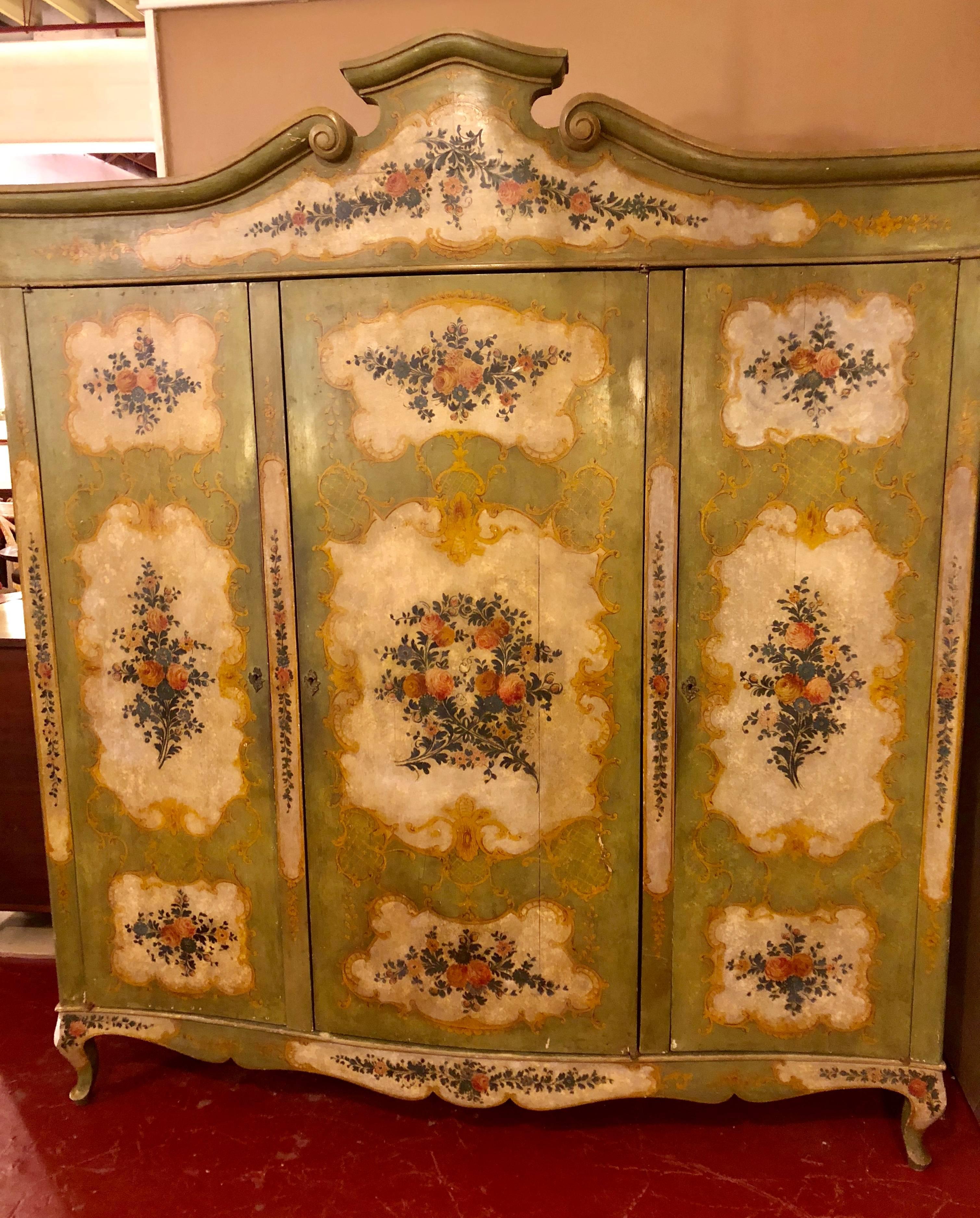 Neoclassical Italian Continental Floral Painted Wardrobe or Armoire Chest Cabinet