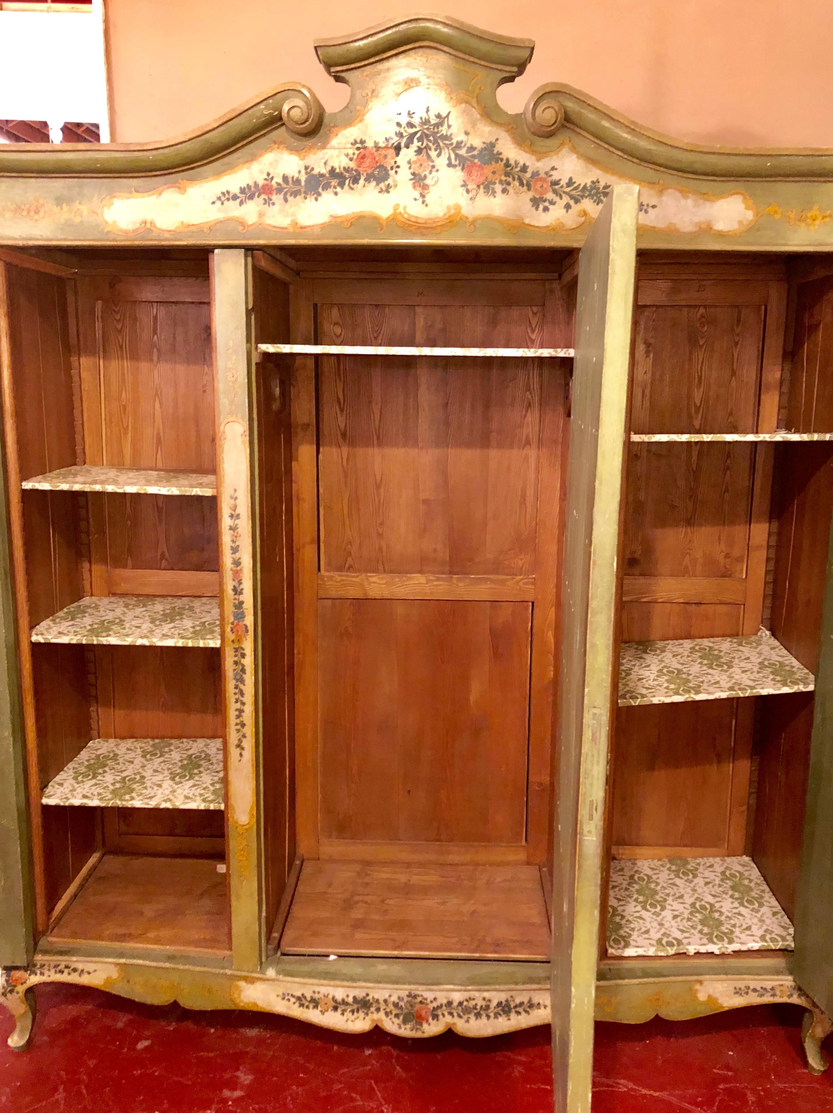 Italian Continental Floral Painted Wardrobe or Armoire Chest Cabinet In Good Condition In Stamford, CT