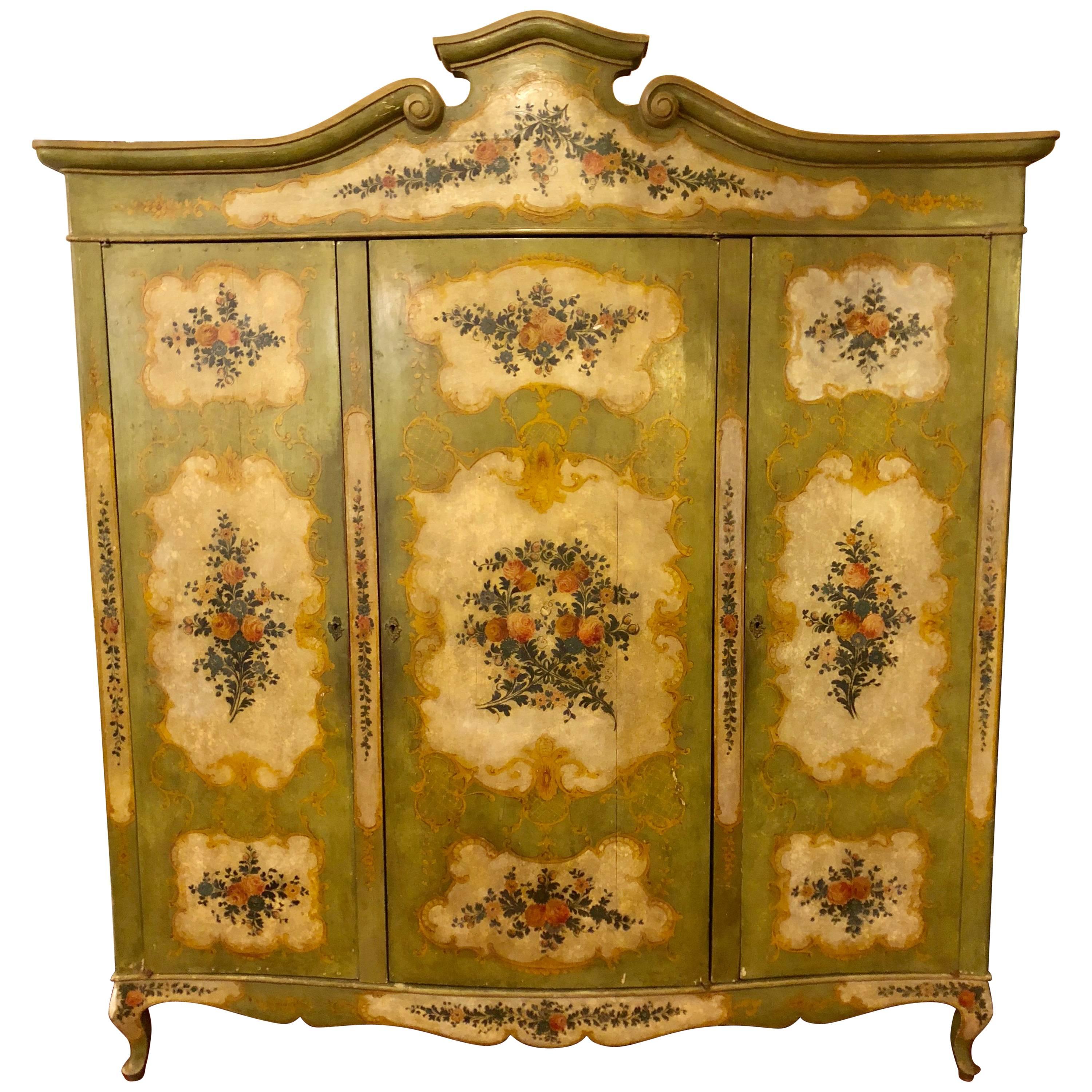 Italian Continental Floral Painted Wardrobe or Armoire Chest Cabinet