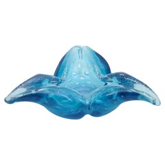 Italian Murano Blue Glass Bowl or Ashtray with Air Bubbles and Silver Flecks