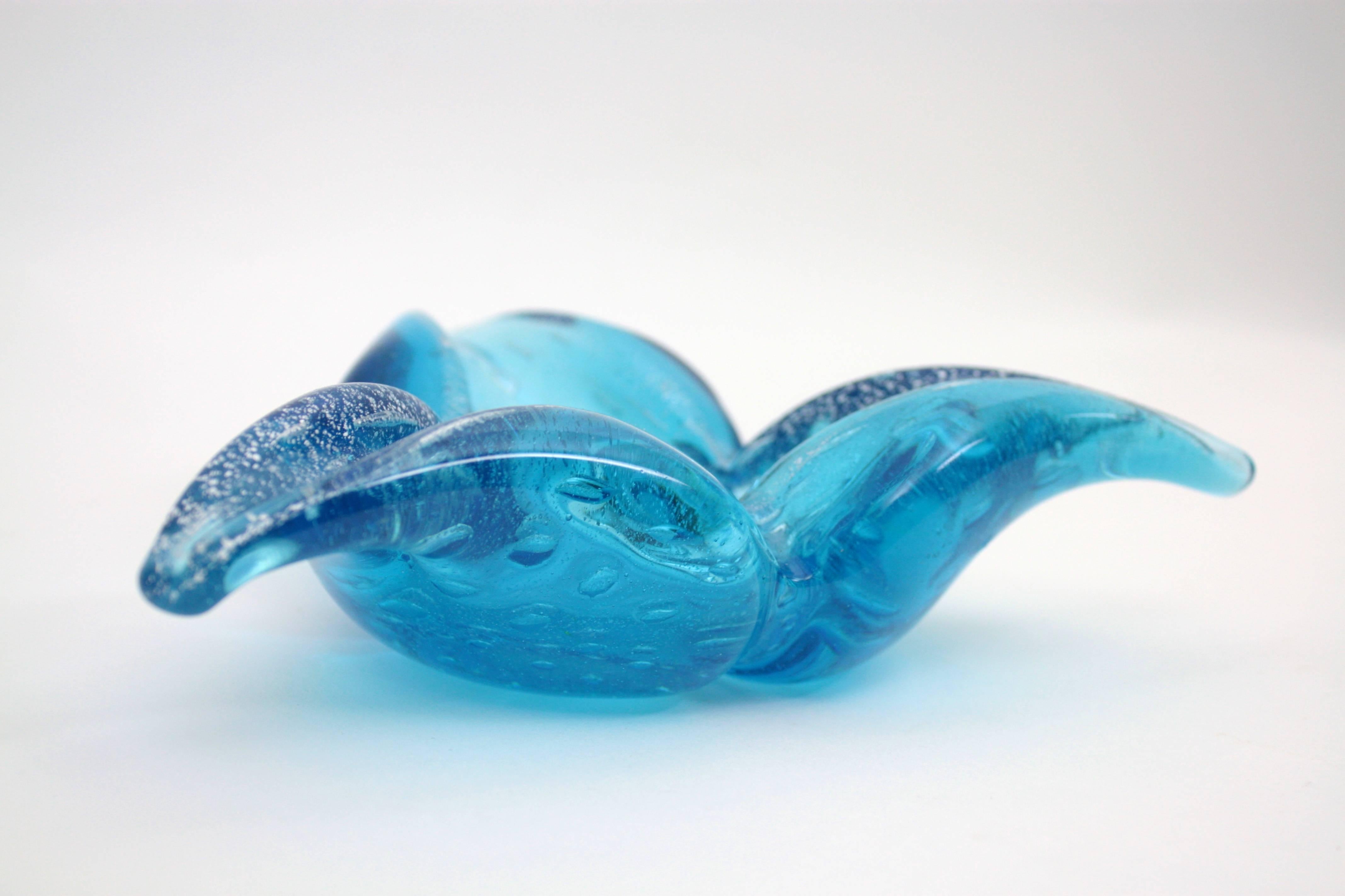 Italian Murano Blue Glass Bowl or Ashtray with Air Bubbles and Silver Flecks  For Sale 1