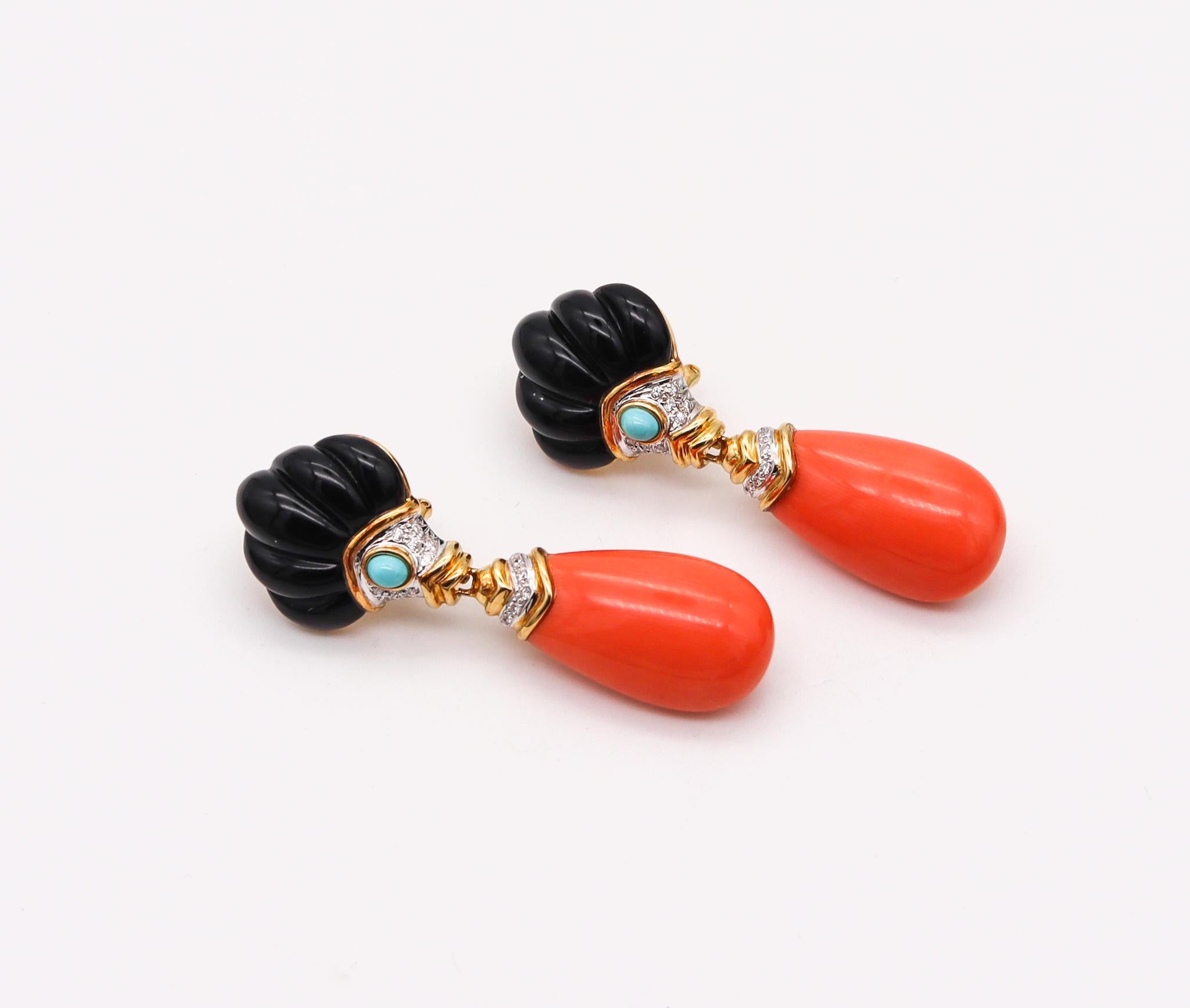 Modernist Italian Convertible Coral Drop Earrings in 18kt Gold with 57.44 Ctw in Diamonds For Sale