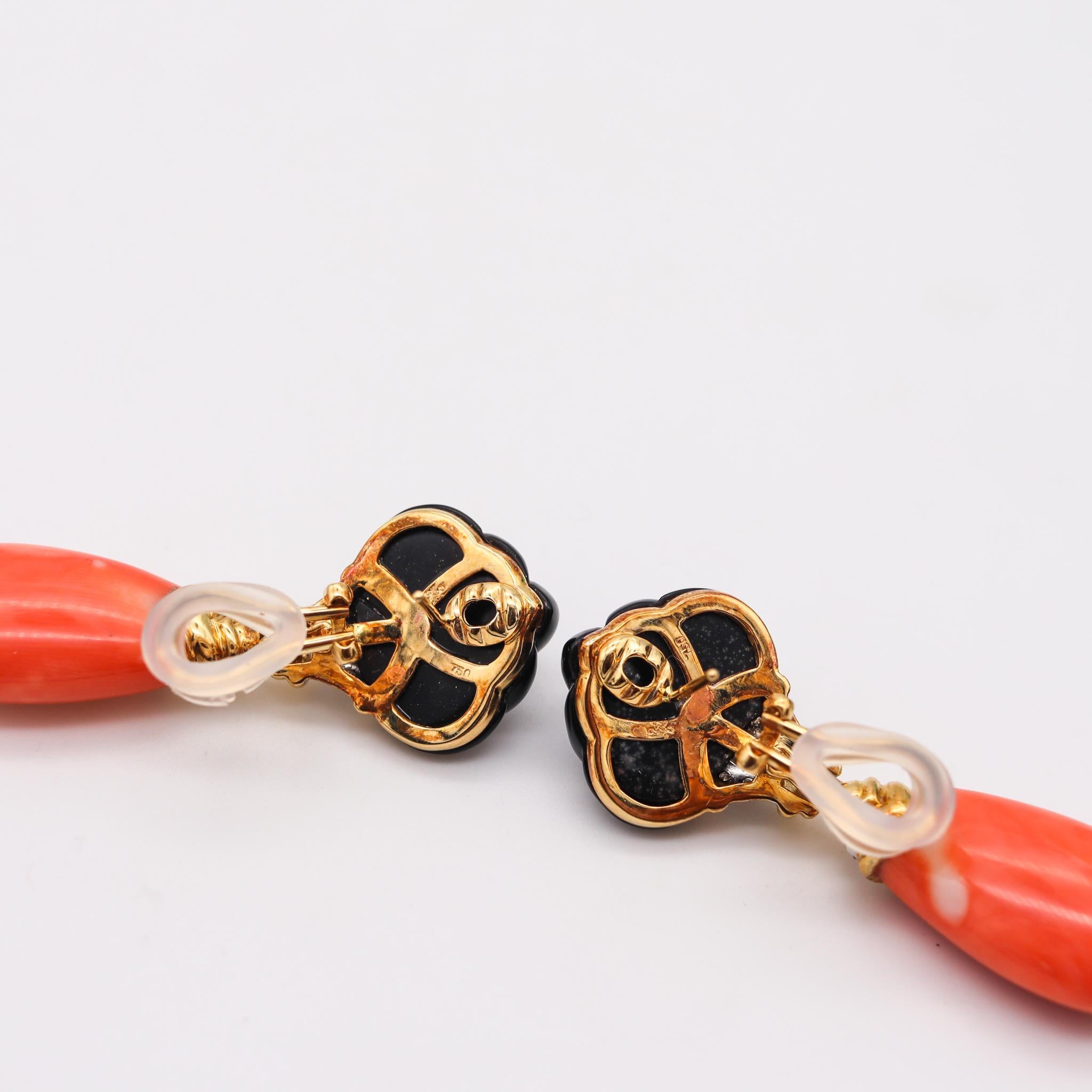 Women's Italian Convertible Coral Drop Earrings in 18kt Gold with 57.44 Ctw in Diamonds For Sale