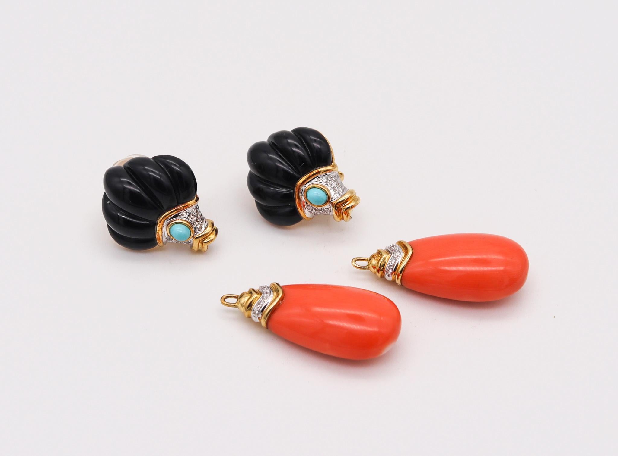 Italian Convertible Coral Drop Earrings in 18kt Gold with 57.44 Ctw in Diamonds For Sale 2