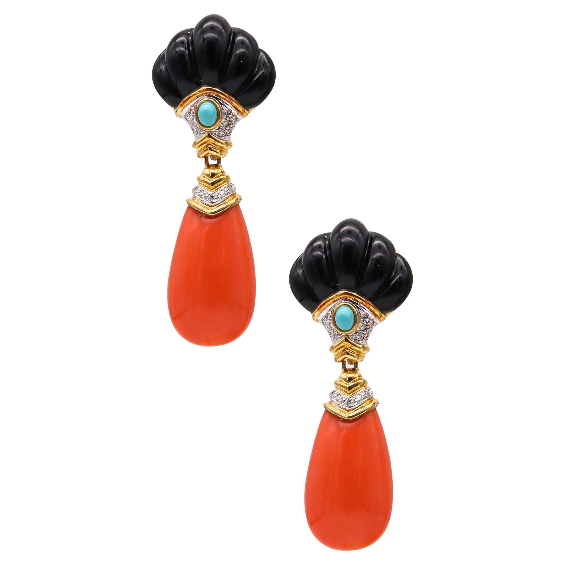 Italian Convertible Coral Drop Earrings in 18kt Gold with 57.44 Ctw in Diamonds