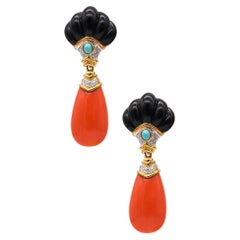 Retro Italian Convertible Coral Drop Earrings in 18kt Gold with 57.44 Ctw in Diamonds