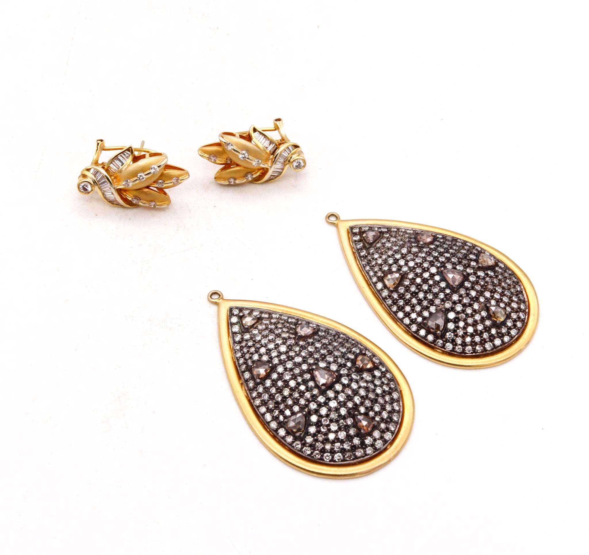 Mixed Cut Italian Convertible Day and Night Cluster Drop Earrings 18kt Gold 15.12 Diamonds For Sale