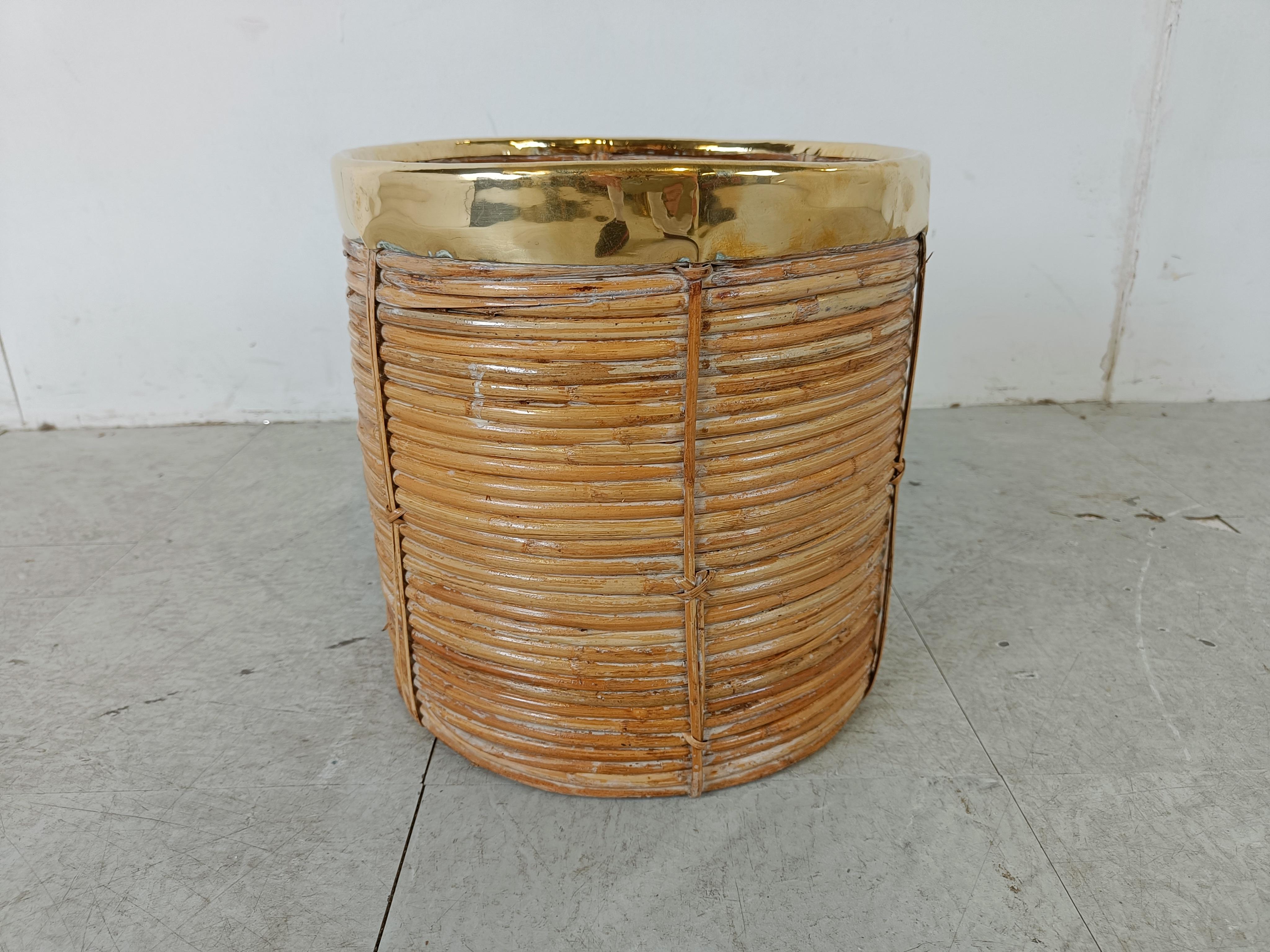 Bohemian Italian copper and bamboo trash can, 1960s For Sale