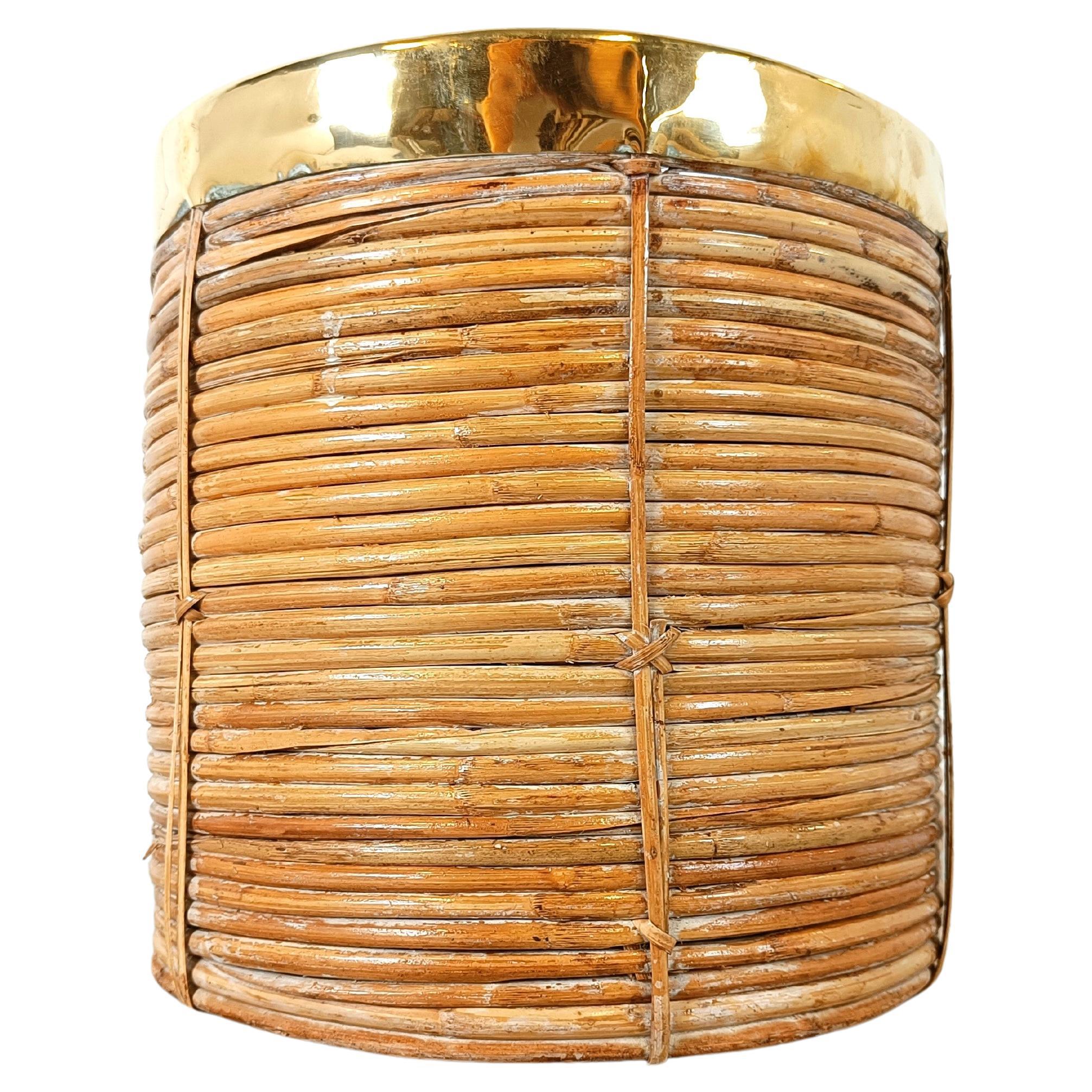 Italian copper and bamboo trash can, 1960s For Sale