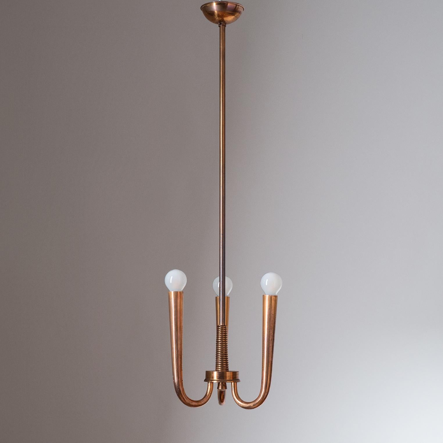 Rare Italian copper chandelier from the 1930s. Body height approximately 10inches/24cm. E14 sockets with new wiring.