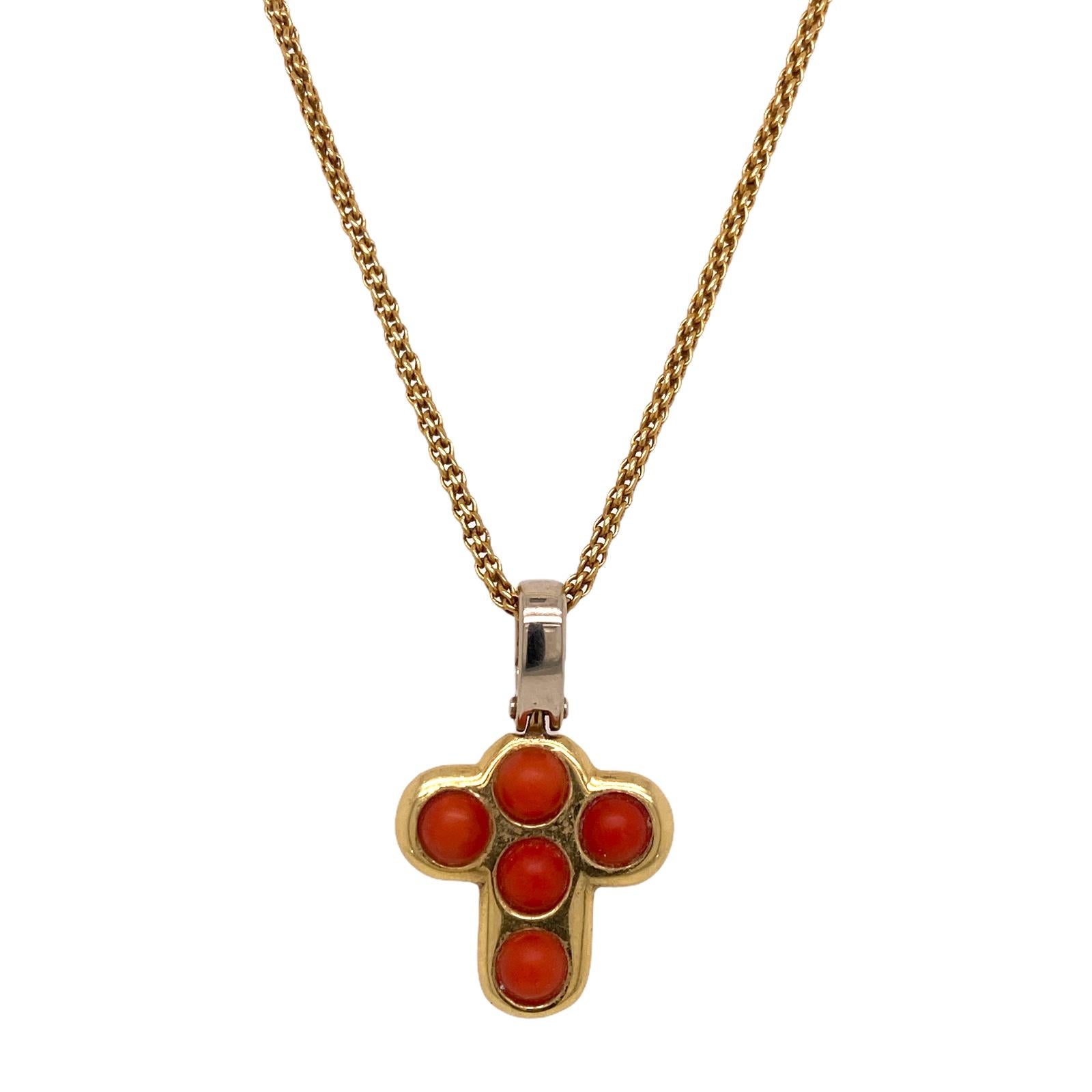 Round Cut Italian Coral 18 Karat Yellow Gold Cross Pendant Necklace For Sale