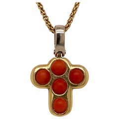 Italian Coral 18 Karat Yellow Gold Cross Pendant Necklace