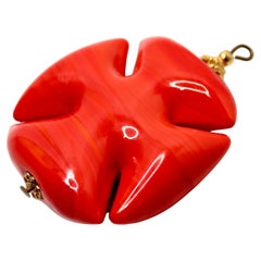 Italian Coral 9k Solid Gold Maltese Cross Pendant circa 1970s