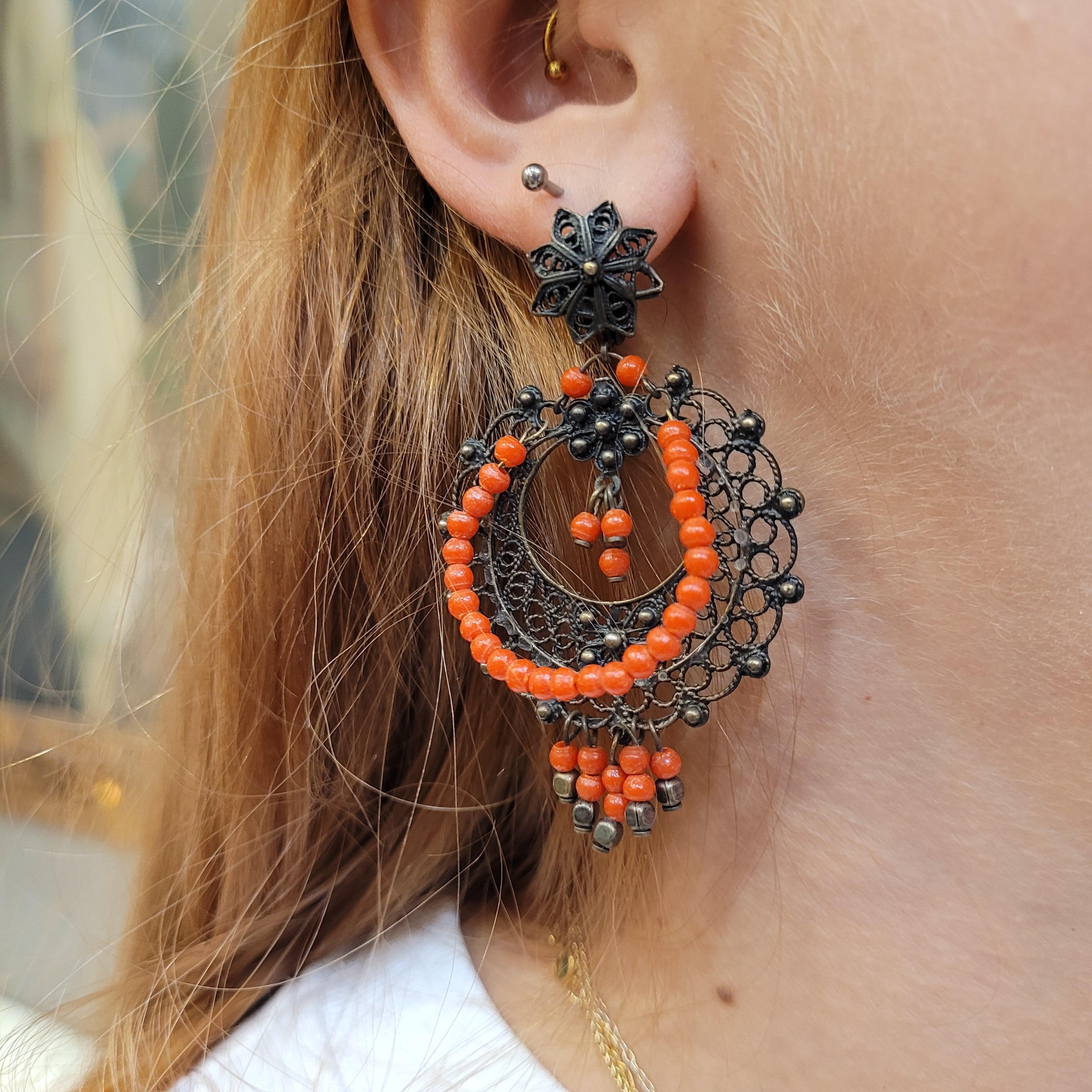 Art Nouveau Italian coral and bronce Drop earrings For Sale