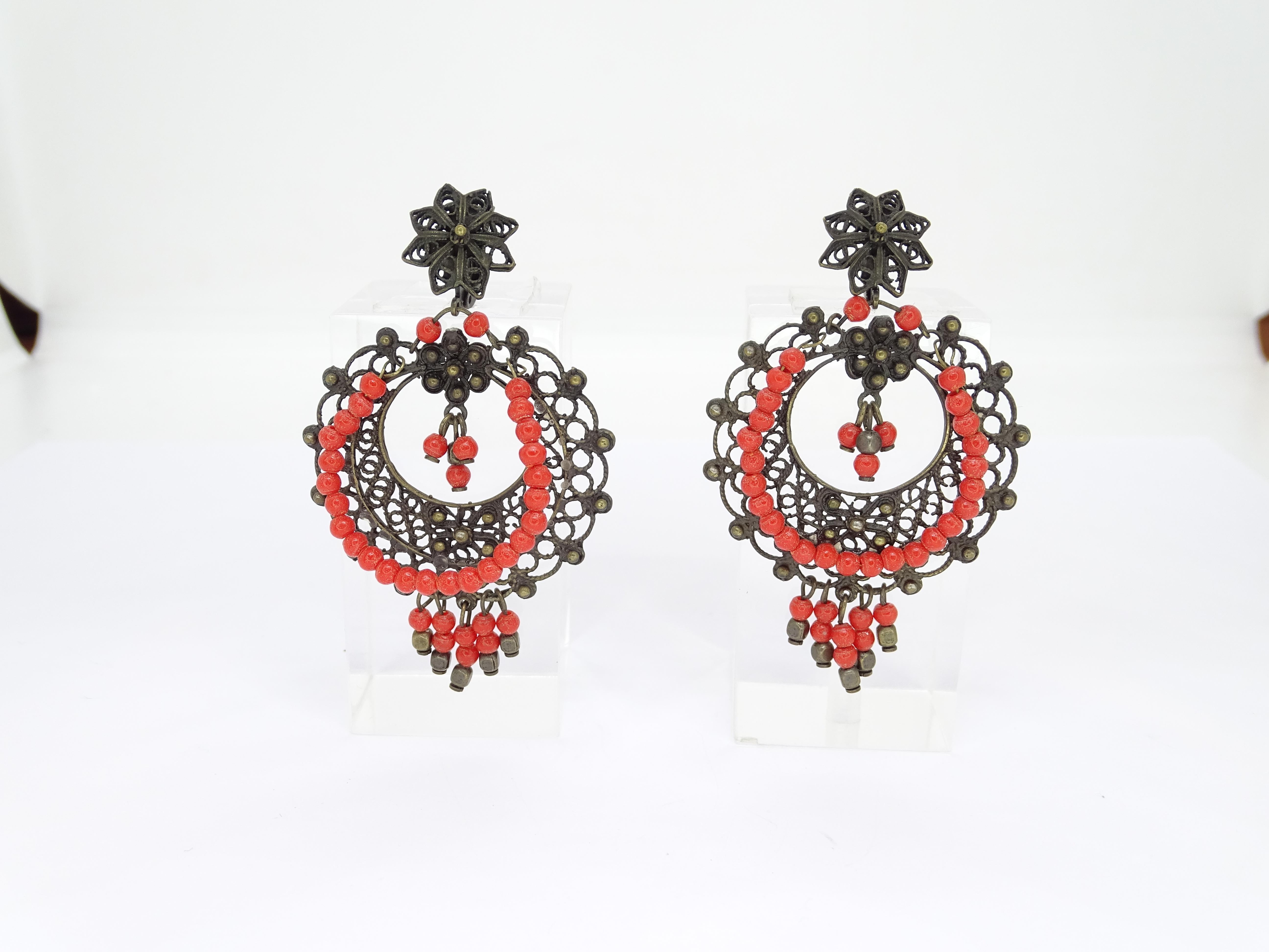 Italian coral and bronce Drop earrings In Excellent Condition For Sale In VALLADOLID, ES