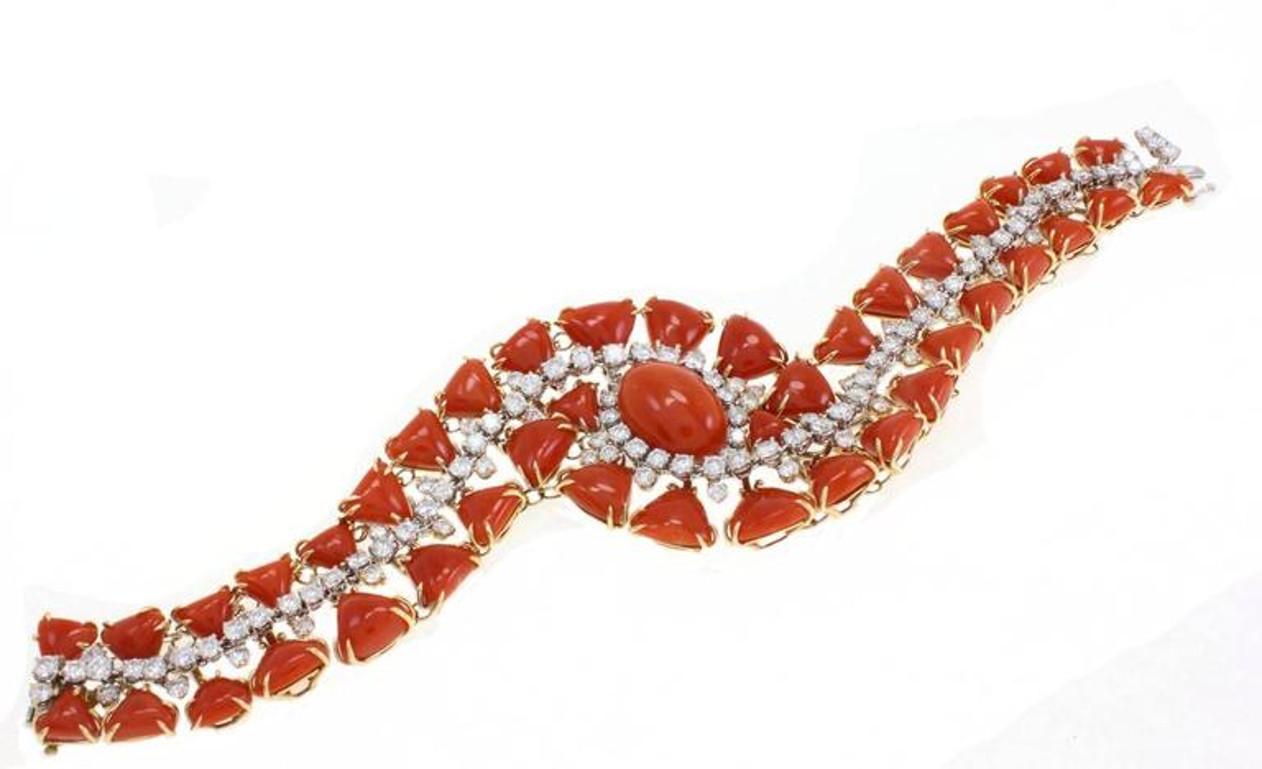 Retro Triangle and Oval Shape Red Corals, White Diamonds, White and Rose Gold Bracelet For Sale