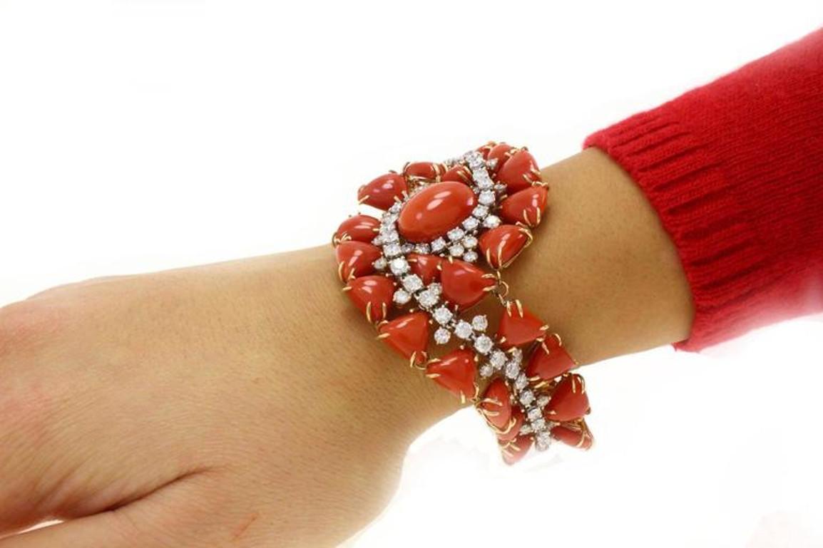 Women's Triangle and Oval Shape Red Corals, White Diamonds, White and Rose Gold Bracelet For Sale