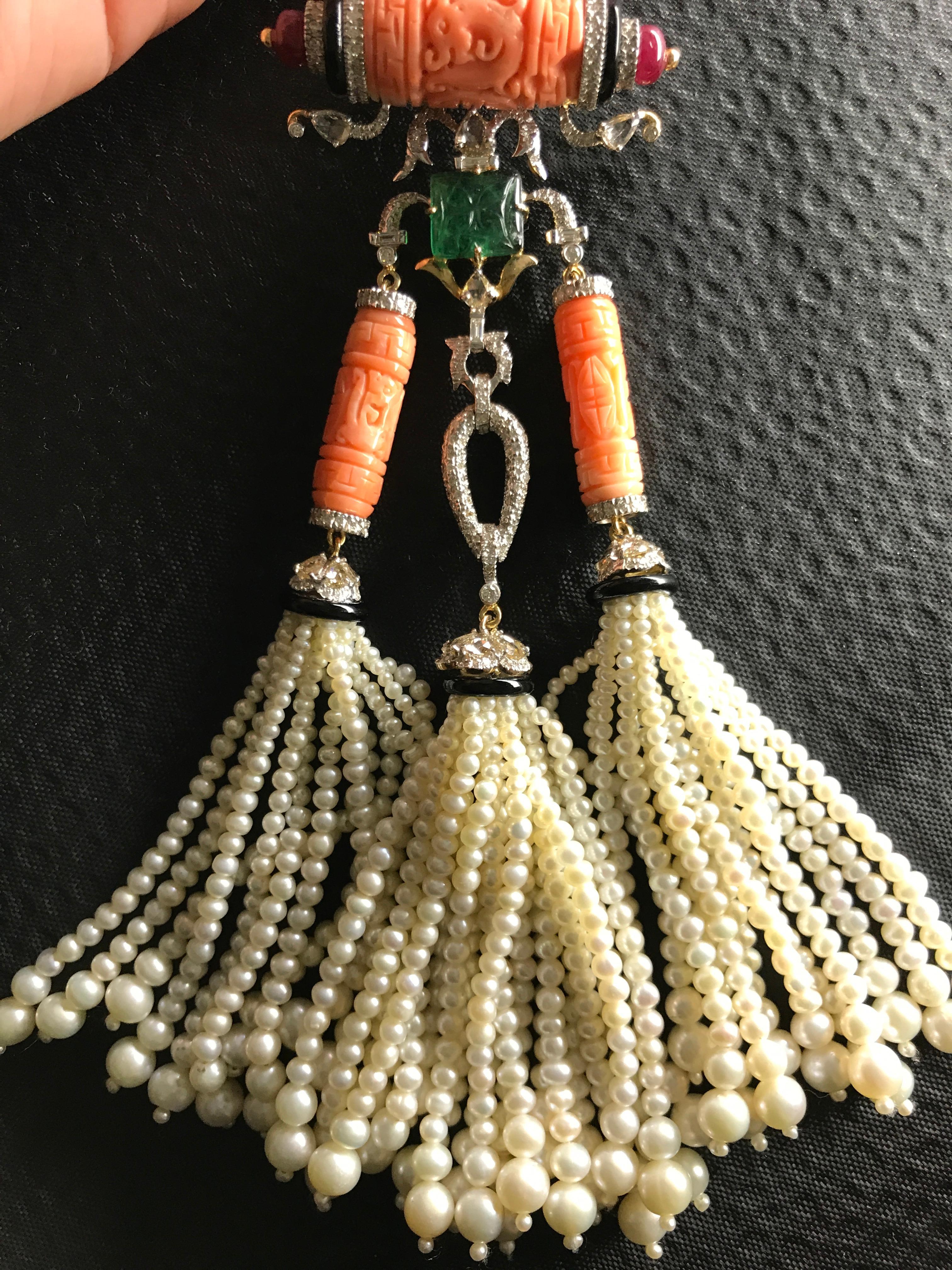 Art Deco Italian Coral and Pearl 18 Karat Gold Tassel Necklace