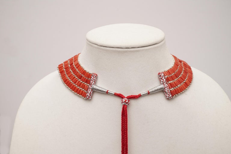 Italian Coral And Sterling Silver Adjustable Beaded Choker For